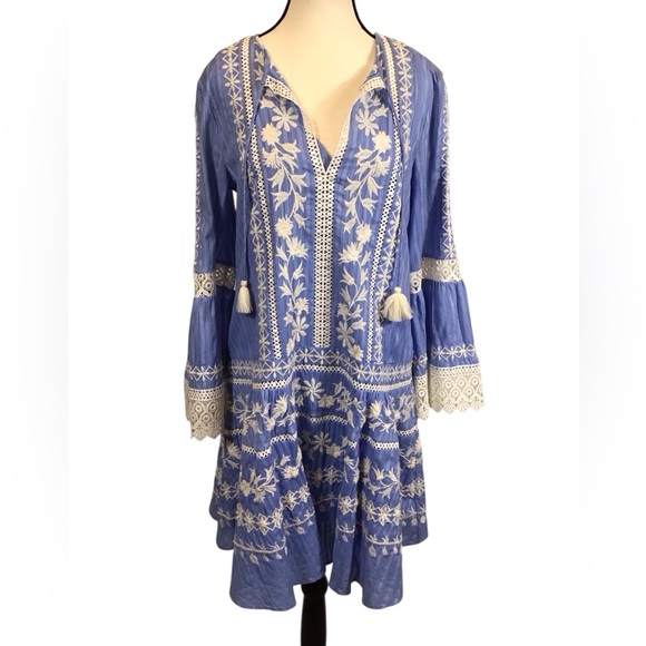 Tory Burch Gabriella Dress Womens Size 6 Boho Embroidered Bell Sleeve Drop Waist - Picture 1 of 16